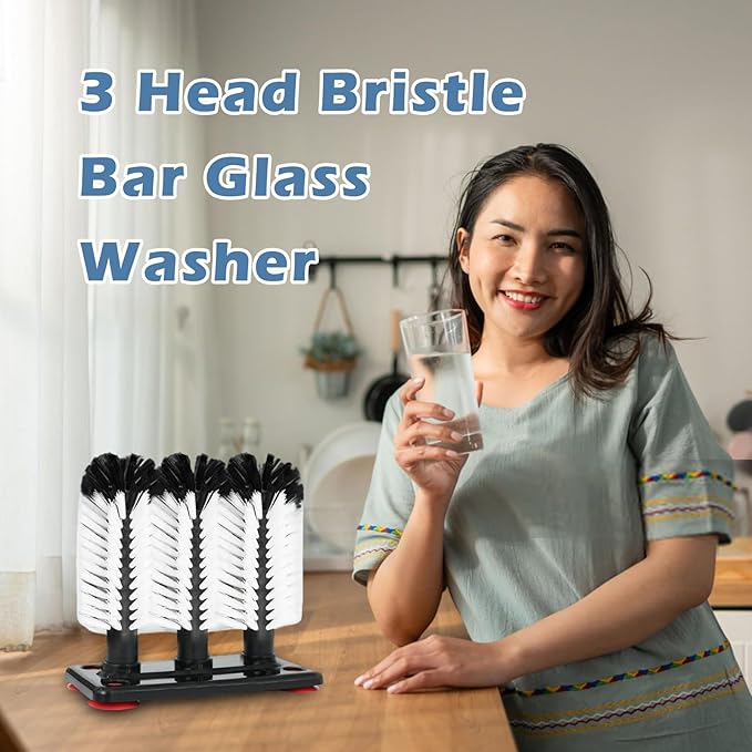 2 Pcs Water Bottle Cleaning Brush 7.3 x 3.7 x 7.5 Inch 3 Head Bristle Bar Glass Washer with Suction Base Washer Brush Cleaner for Cup Sink Wine Glass Bar Beer Cup