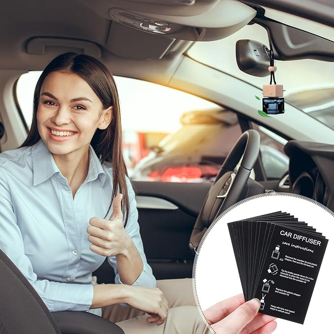 200 Sets Car Diffuser Bottles Empty Bulk Hanging Car Air Freshener Diffuser Bottles Bulk Glass Perfume Holder with Instruction Cards for Essential Oil Fragrance Pendant(SquareBlack)