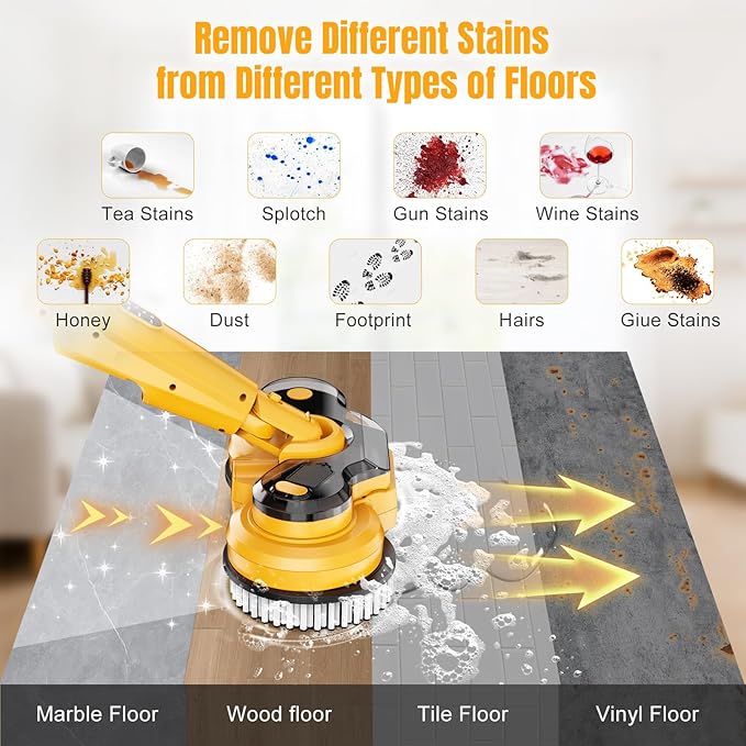 Cordless Electric Mop for Dewalt 20V Battery (NO Battery) 2 in 1 Spin Mop &amp Electric Floor Scrubber Machine with LED Light &amp Water Spray 800 RPM Rotating Electric Mops for Floor Cleaning (Ye