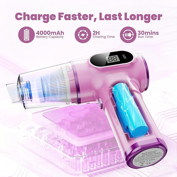 Pink Car Vacuum CleanerPortable Mini Cordless Small Handheld Vacuum Cleaner with LCD Display and Multi-Nozzles Powerful Hand Held Vacuums for CarPet HairHomeOfficeSofaKeyboard