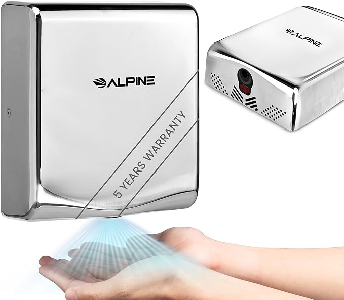 Alpine Commercial Hand Dryer with HEPA Filter 8 Seconds Extreme Speed Electric Hand Dryer for Home Bathroom/Restaurant with Heat &amp Speed Control - ADA Compliant (120V Chrome)