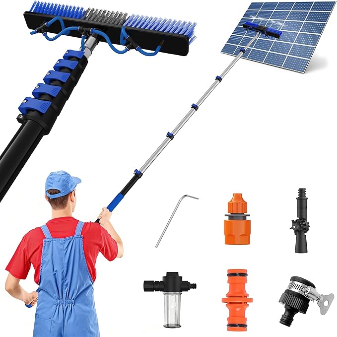 26Ft Reach Solar Panel Cleaning Brush Kit with 5-20ft Telescoping Pole - Telescopic Extension Pole with Dual Action Flip-Lock &amp Screw Fixing Design Ideal for Snow Removal Windows Boats RVs De