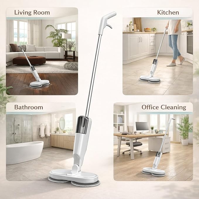 Electric Mop Lightweight Cordless with Water Sprayer Rechargeable 2000mAh Battery White - Retractable Rod Quiet Operation Ideal for Hardwood Tile and Marble Floors (White)