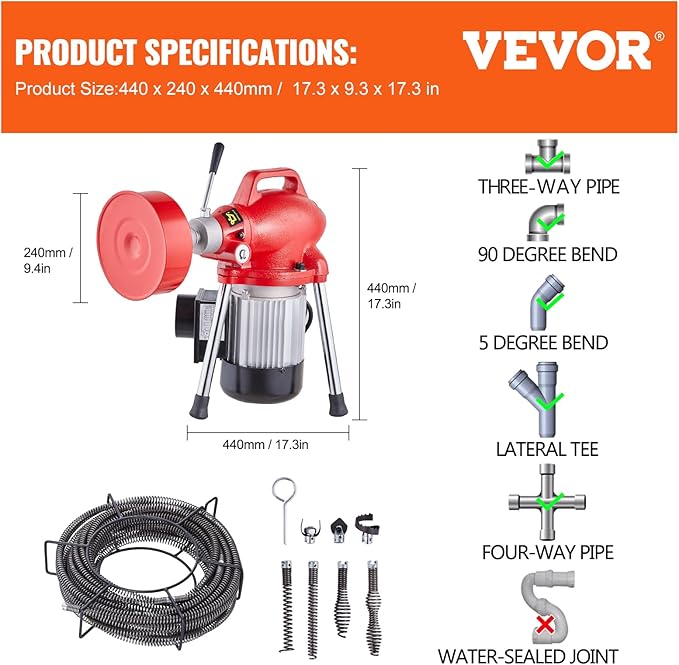 VEVOR Drain Cleaner Machine 66FT x 5/8 Inch 250W Electric Sewer Snake Auger with 2 Sectional Steel Cables (66' x 5/8 and 15' x 3/8) 7 Cutters and CW/CCW Control for 1.6 to 4 Pipes