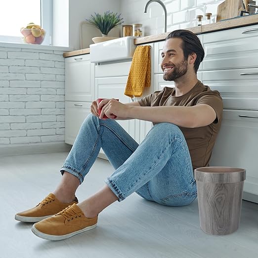 Retro Imitation Wood Grain Trash Can Wastebasket 25X25X30.7Cm Gray Plastic Garbage Container for Kitchen Bathroom Living Room Home Use