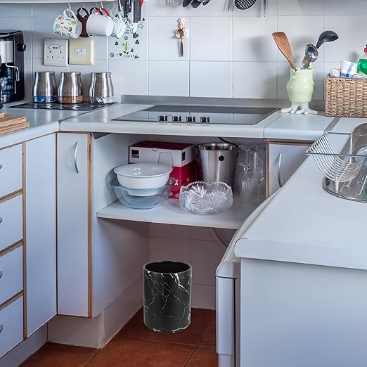 Modern Marble Pattern Trash Bin for Home and Office Lidless Wastebasket for Bedroom Bathroom Kitchen and Stable Garbage Container Stylish Black Trash Can