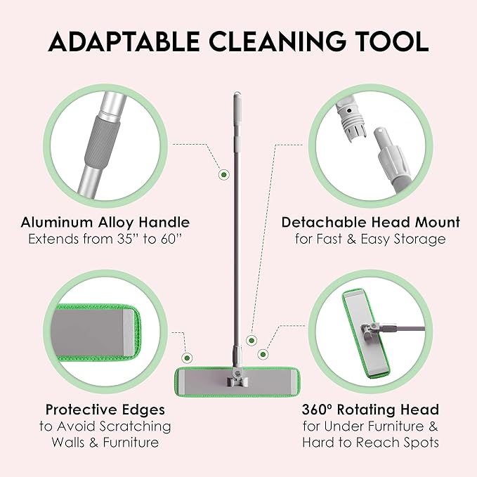 Turbo Microfiber Mop Floor Cleaning System - 18-inch Dust Mop with 4 Reusable Pads for Hardwood and Tile 360-Spin Floor Mop Head &amp Extendable Handle - Household Cleaning Tools