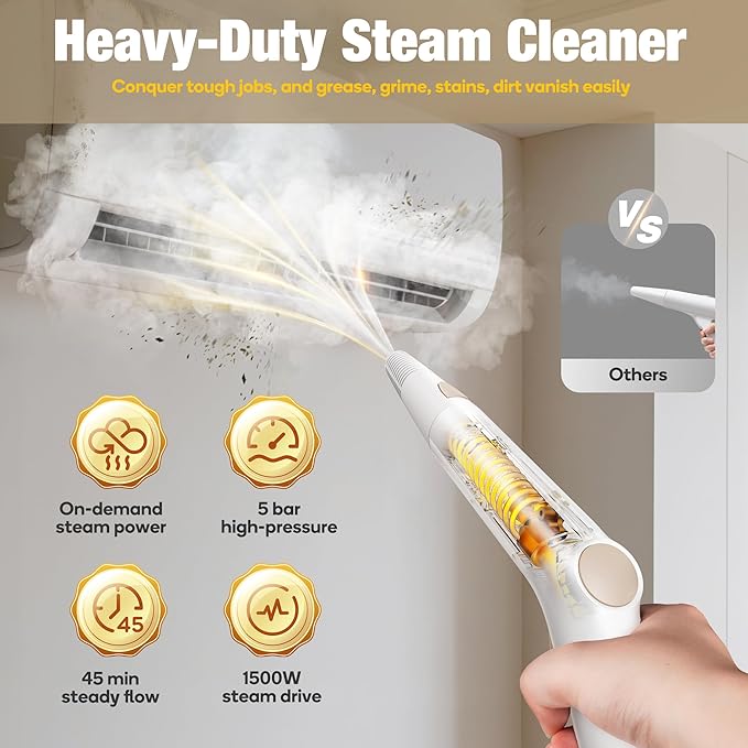 Newbealer Handheld Steamer for Cleaning Stainless Steel Boiler 12-Piece Accessory Kit Max 5 Bar Pressure Multi-Purpose Steam Cleaner for Floors Cars Furniture Upholstery and More