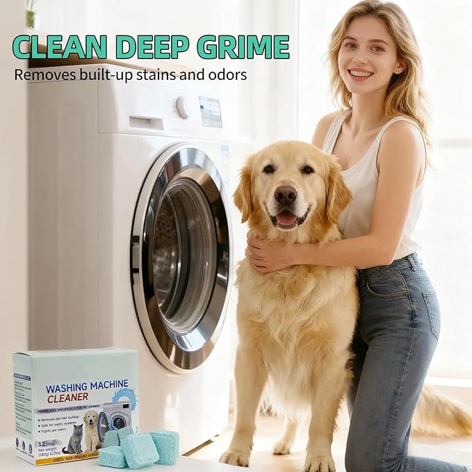 Washing Machine Cleaner Tablets Pet Hair &amp Odor Deep Cleaning Tablets Deep Cleaning Mold &amp Residue Remover for HE Top Front Load Washer Eco-Friendly Deodorizer for Pet Owners (2pcs)