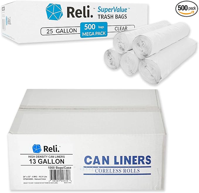 Reli. 13 Gal Trash Bags (1000 Bags) &amp 16-30 Gal Trash Bags (500 Bags)