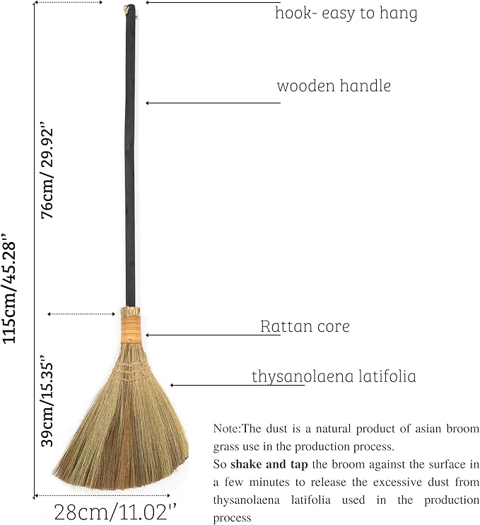 Vietnamese Straw Soft Broom - Sweeping Broom with Black Wooden Handle for Cleaning Decoration Wedding with 45.28inch Length