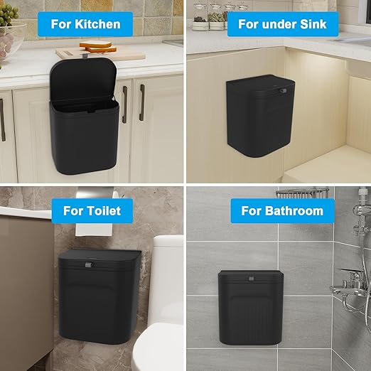 Naisu 3 Pack 1.12 Gallon Kitchen Garbage Bin for Counter Top or Under Sink Stick on the WallHanging Small Trash Can with lid for Cupboard/Bathroom/Bedroom/Office(Black)