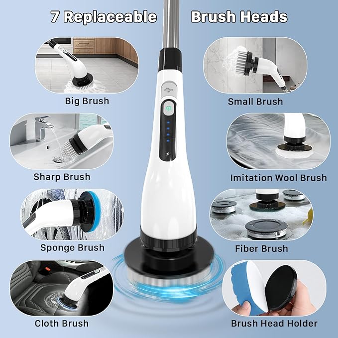 Electric Spin Scrubber Cordless Cleaning Brush Shower Scrubber with 7 Replaceable Brush 2 Speeds and Adjustable Extension Handle for Bathroom Shower Bathtub Glass Car(White)