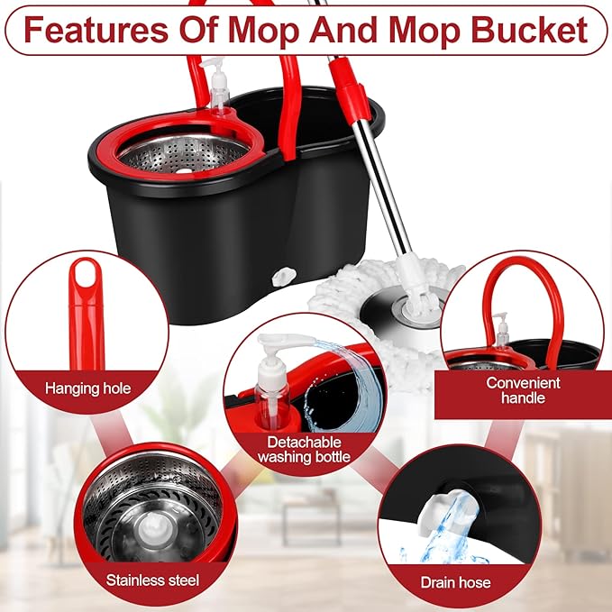 Spin Mop and Bucket with Wringer Set 360° Spinning Mop Bucket System with 3 Microfiber Mop Replacement Heads and 61 Stainless Steel Adjustable Handle for Floor Cleaning (20QT)