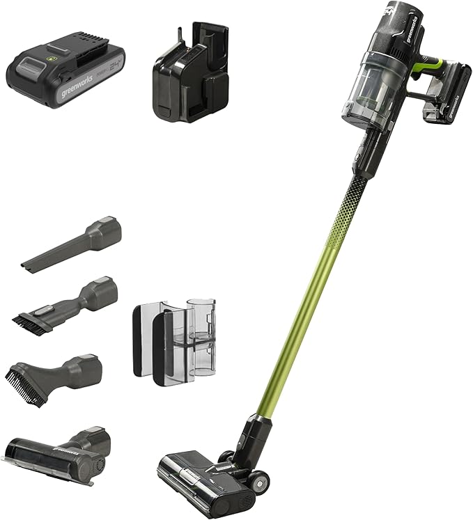 Greenworks 24V Brushless Cordless Stick Vacuum Lightweight Handheld Pet Anti-Allergen HEPA Filtration Hard Floor Carpet Car 4Ah Battery and 30-Minute Charge Time (Green)