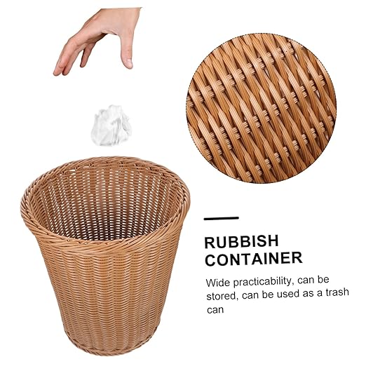 Rust-Resistant Iron Office Trash Can Simulated Rattan Woven Wastebasket Multipurpose Storage Basket for Home and Use Beige