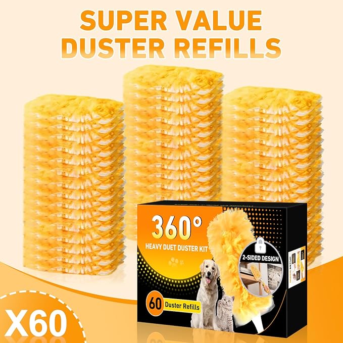 60 Count Heavy Duty Duster Refills for Swiffer Multisurface 360° Larger Size Dusters with 4X Microfibers Disposable Dusters for Pet Cleaning Home Blinds Fans Corners (60 pcs-Orange)