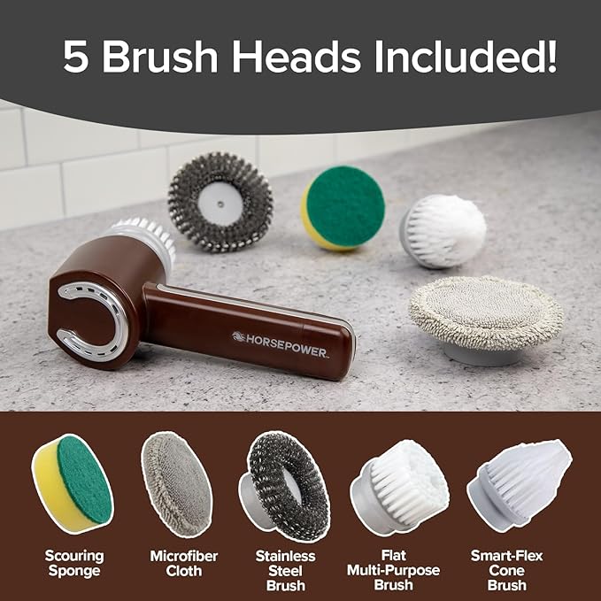 Horsepower Scrubber Waterproof Electric Power Spins 350 RPM 5 Brush Heads AS SEEN ON TV Cleans Dirt &amp Grime Tile Grout Bathrooms Kitchen Auto Rims Outdoor Furniture &amp More Recharg