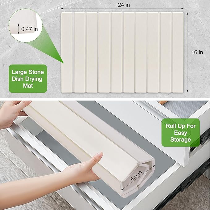 Foldable Stone Dish Drying Mat for Kitchen Counter24×16Fast Dry Pad Absorbent Countertop Mat Heat-resistant MatDiatomaceous Earth MatsWhite
