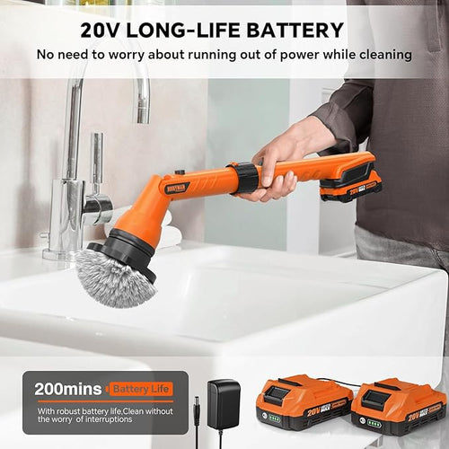 2 Battery Electric Spin Scrubber 1000RPM Cordless Cleaning Brush Waterproof with 20V Power Supplied Adjustable Extension Handle 4 Replaceable Cleaning Heads Hook Gloves - for Tub/Tile/Wall/Floor