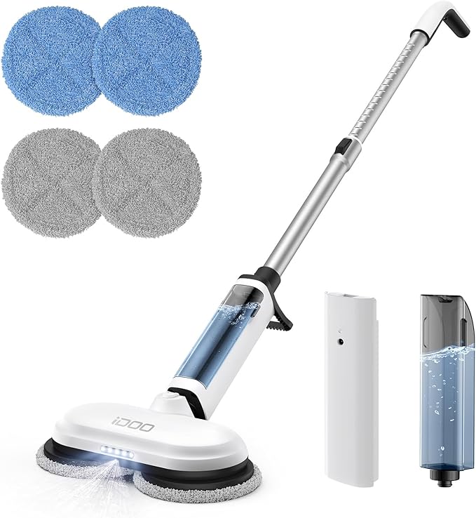 iDOO Electric Cordless Spin Dust Mop Electric Mops for Floor Hardwood Tile Cleaning with Sprayer &amp LED Headlight Rechargeable Dual-Motor Quiet Self Propelled Water Tank 4 Replaceable Heads Wh