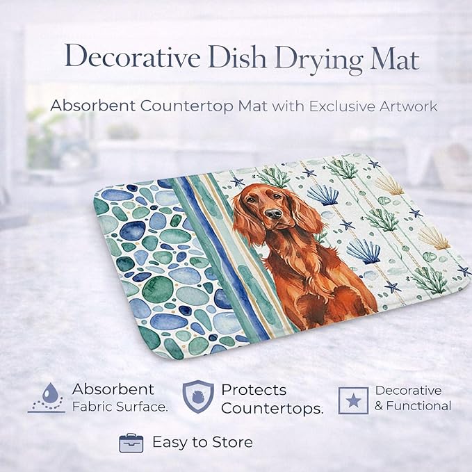 Caroline's Treasures Irish Setter Coastal Sea Glass Dish Drying Mat Absorbent Dish Drying Mat Pad for Kitchen Counter Dish Drainer Mat for Countertop 14 x 21 Multicolor