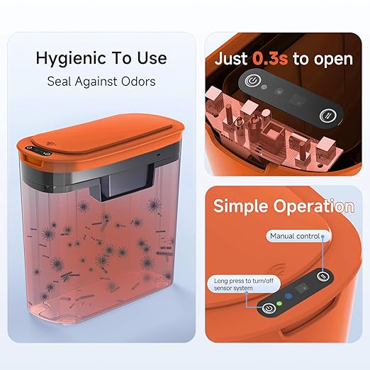TIPGO Automatic Motion Sensor Bathroom Trash Can with Lid 2.6 Gallon Touchless Trash Bin Smart Garbage Can Plastic Slim Wastebasket for Bedroom Office Dorm (Orange)