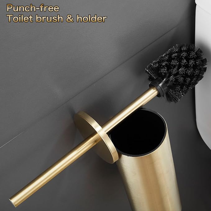 AIREMOEN 1PCS Brushed Gold Stud Free Toilet Brush and Holder Set 304 Stainless Steel Handle Toilet Brush Holder Toilet Brush and Plunger Set Bathroom Wall-Mounted Compact Toilet Brush Holder
