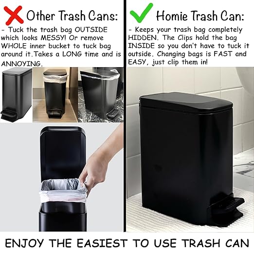 Homie Soft Close Slim Trash Can 6 Liter / 1.6 Gallon with Anti - Bag Slip Liner and Lid Use as Mini Garbage Basket Slim Dust Bin or Decor in Bathroom Restroom Kitchen or Bedroom (Matte Black)
