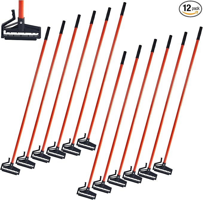Matthew Easy Trigger Release Mop Handle 60 inch Metal Mop StickCommercial Mop Head Replacement Holder for Floor CleaningClip On Mop Handle Quick Change for Wet Mop Handle - 12Pack Red