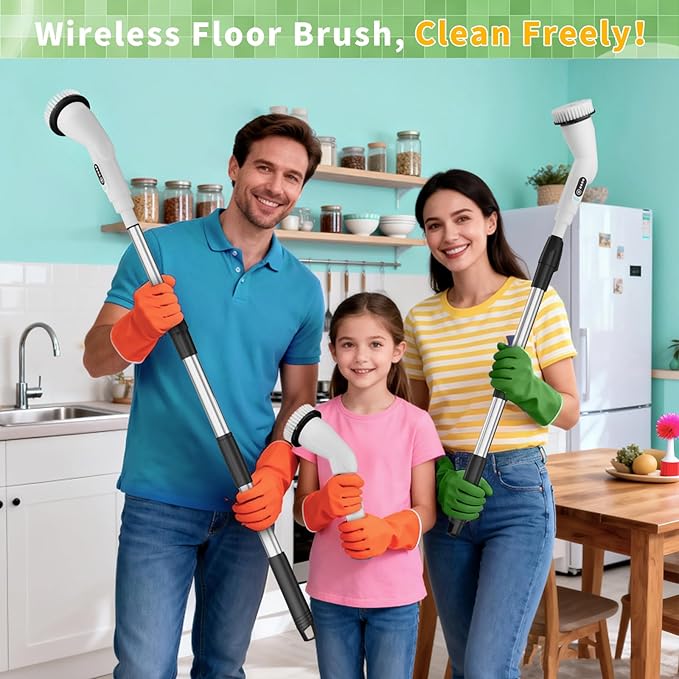 Electric Spin Scrubber - Household Cleaning Brush with 8 Heads 51.2in Extendable Pole Bathroom Scrubber for Stubborn Grease on Grill Stovetop &amp Bathtub 90Min Runtime - Type B