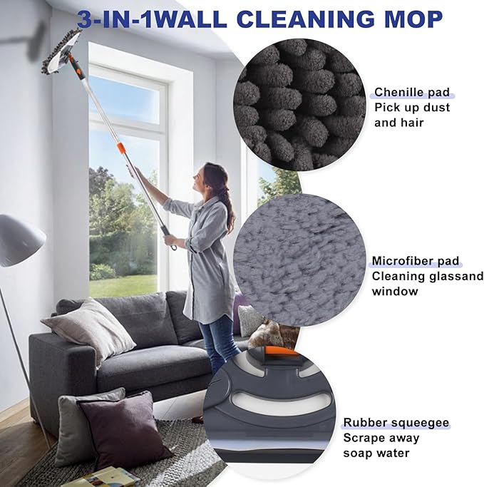 Wall Cleaner Mop with 79 Inches Long Handle 360° Wall Washer Cleaner Tool for Walls/Ceiling Fans/Dust/Baseboard/Floors Clean Ceiling Cleaner Tool Duster with Squeegee 6 Replacement Pads