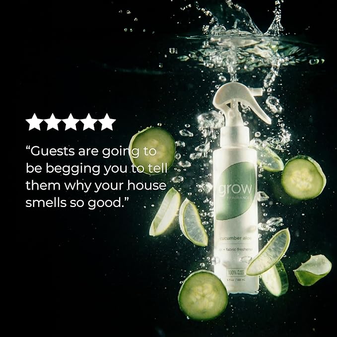 Grow Fragrance Certified Non Toxic 100% Plant Based Fabric and Room Air Freshener Spray. Made with All Natural Essential Oils (Cucumber Aloe 2 Pack) 2 x 5oz