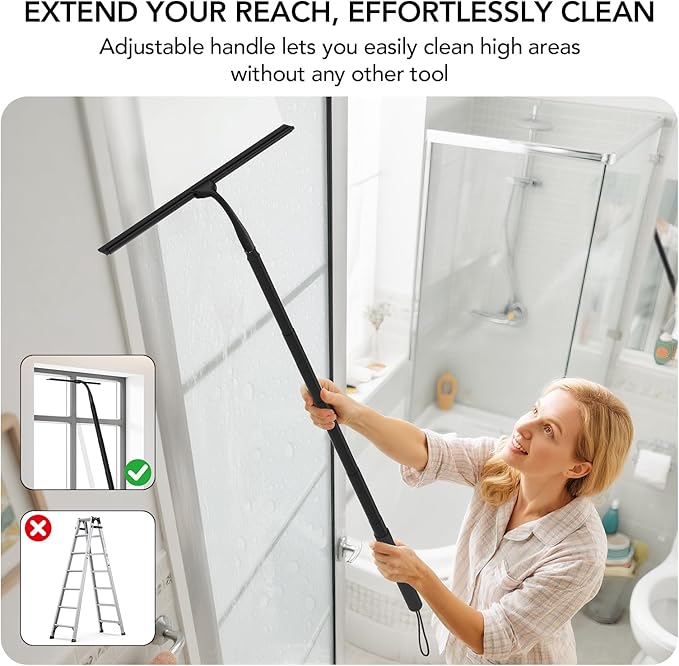 Shower Squeegee for Glass Doors 15-51 Telescopic Shower Squeegee with Long Handle Squeegee for Window Cleaning Extendable Window Cleaner Tool for Tile Walls Sliding Door Floor Car Windshield-BK