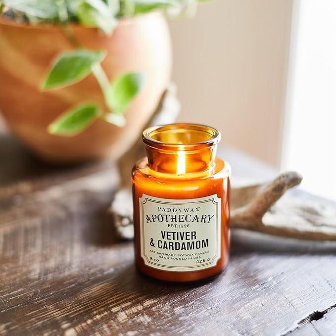 Paddywax Artisan Apothecary Scented Candle with Lid in Reusable Glass Jar Clean-Burn Soy Candle with Approx. 54 Hour Burn Time Vetiver &amp Cardamom 8 oz.