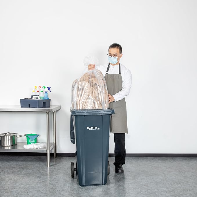 Restaurantware-RW Clean 45 Gallon Trash Bags 100 Heavy-Duty Garbage Can Liners- Fits 40-45 Gallon Trash Cans Stretchable Clear Plastic Bin liners with Star Seal Bottom