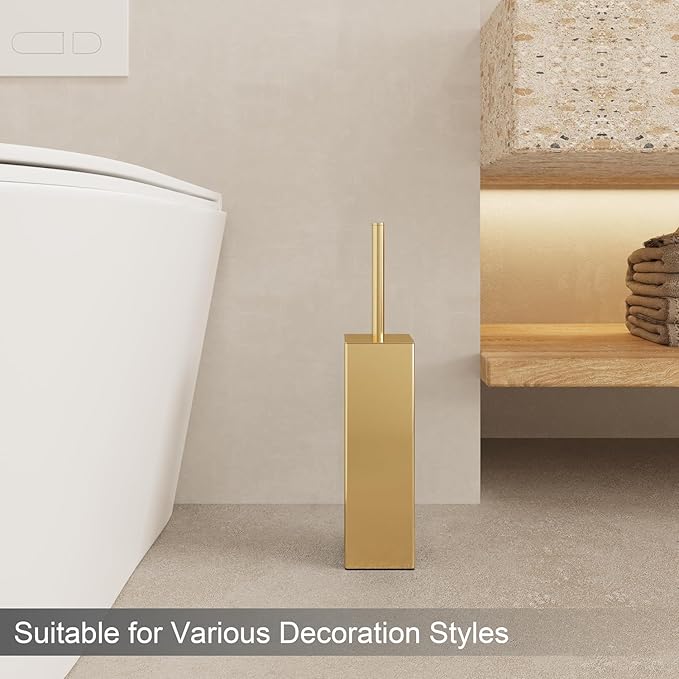 Gold Square Stainless Steel Toilet Brush with Holder 304 Modern Toilet Brush Set – Rust Resistant Long Handle Replacement Heads Floor Standing Bathroom Toilet Cleaning Brush