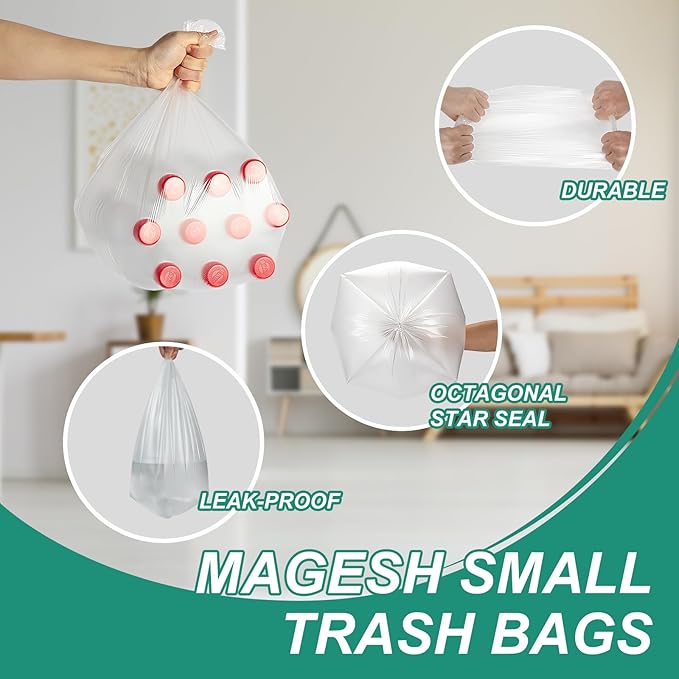 Magesh 4-6 Gallon Trash Bag Strong Leakage-Free Small Garbage Bags Unscented Thick for Bathroom Office Kitchen Small Trash Can 15L 1000 Bags Clear
