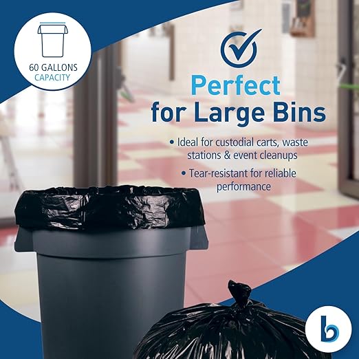 Boardwalk Recycled Resin Black Can Liners for Garbage Cans | 60 Gallon Waste Capacity | 1.2 mil 38x58 Inch Heavy Duty Trash Bags with Star-Sealed Bottom Design | Coreless 50-Bag Roll