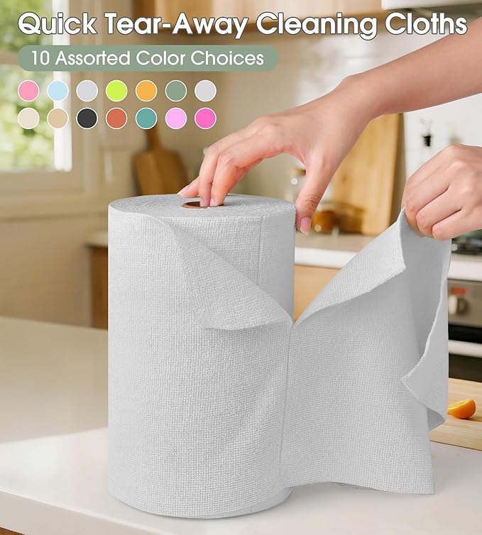 KitchLife Microfiber Cleaning Cloth Roll 100 Pack - Tear-Away Microfiber Paper Towels Lint-Free Reusable Washable for Kitchen Car Dishes and Sensitive Surfaces (Light Gray)