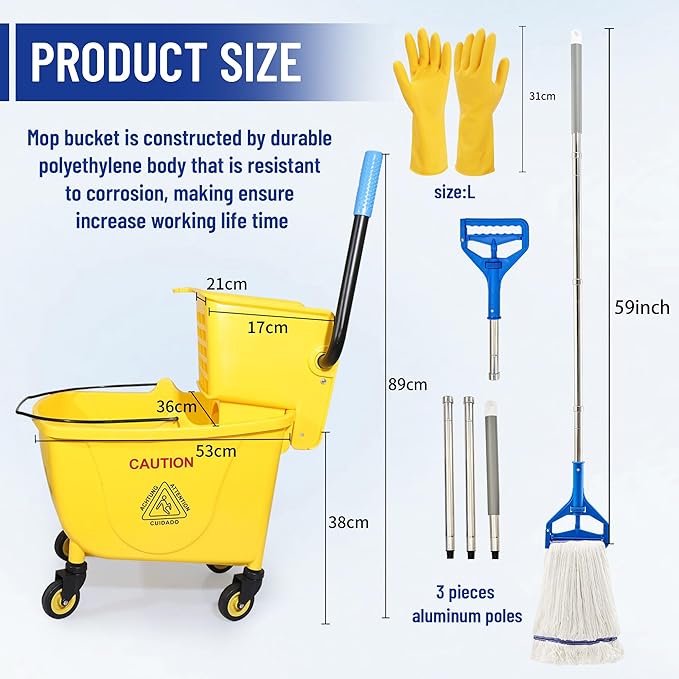 35QT Side-Press Mop Bucket and Wringer Combo on Wheels YellowIncluding One Heavy Duty Industrial Mop and One Set Large Rubber Cleaning Gloves