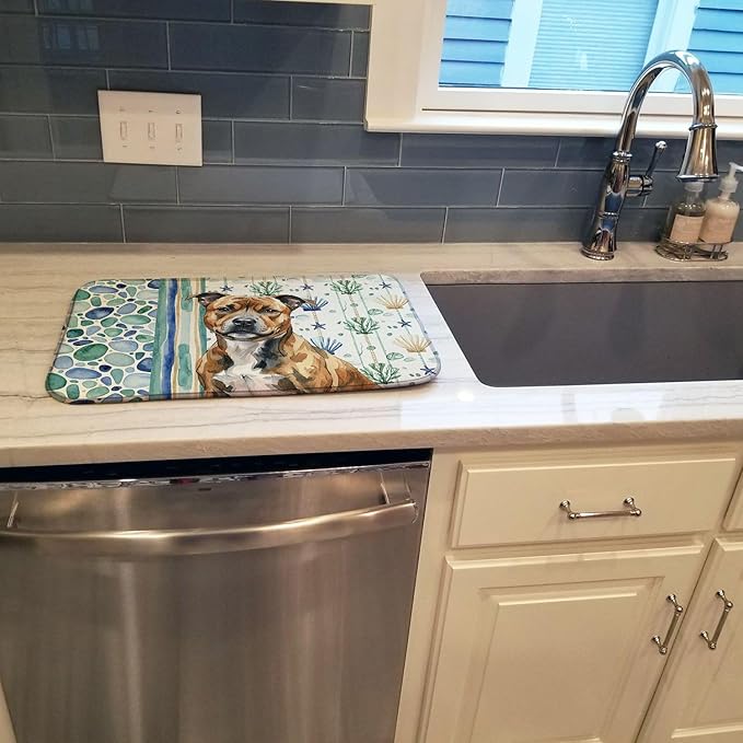 Caroline's Treasures Brindle Staffordshire Bull Terrier Coastal Sea Glass Dish Drying Mat Absorbent Dish Drying Mat Pad for Kitchen Counter Dish Drainer Mat for Countertop 14 x 21 Multicolor