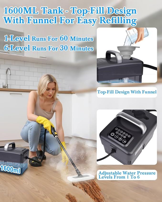 Steam Cleaner for Home - 1600ML Water Tank 15s Heat-Up Portable Steamer for Cleaning 6 Level Adjustable 2500W 45PSI 250°F Steam Handheld Steam Cleaner for Car Detailing Grease TileGrout