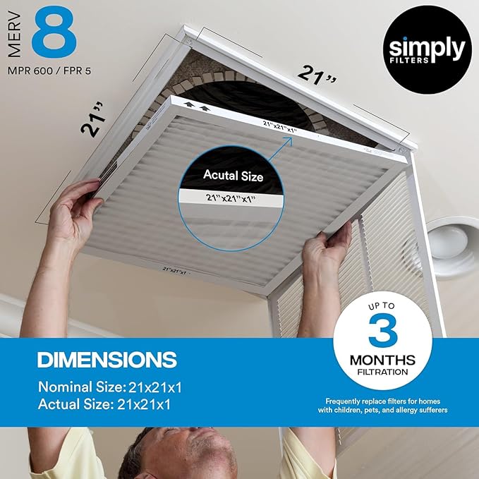 Simply 21x21x1 Air Filter Merv 8 6 Pack For Home AC Furnace &amp HVAC (Actual Size: 20.75x20.75x0.75) DUST Pet &amp Allergy Control