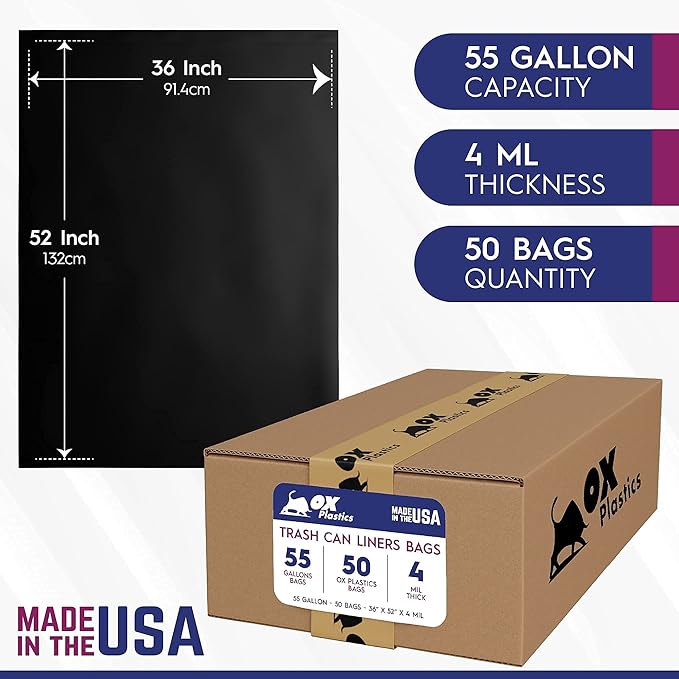 55 Gallon Trash Can Liners Bags 4 Mil - 50 Count &amp Thick Extra Heavy Duty Strength - Large Garbage Bag Leak-Proof &amp Durable bags - Black