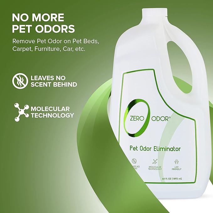 Zero Odor - Pet Odor Eliminator for strong odor Eliminate Air &amp Surface Odors – Patented Molecular Technology Best For Carpet Furniture Beds Smell Great Again 64oz Refill