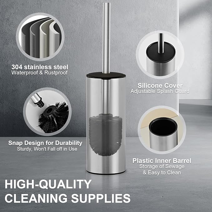 304 Stainless Steel Toilet Brush and Brush Holder Set Circular Floor Toilet Brush Holder Long Handle Bathroom Heavy-Duty Cleaner High-End Cylinder Wall2 Brush Head (Brushed) YIGUANXIN
