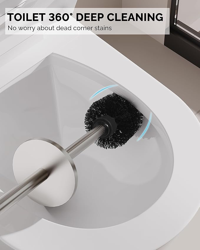 Toilet Brush and Holder Set Stainless Steel Toilet Bowl Brush with Lid Rust Proof Toilet Cleaner Brush with Caddy Durable Bristles Splash Proof Ideal for Bathroom (1 Pack Brushed Nickel)