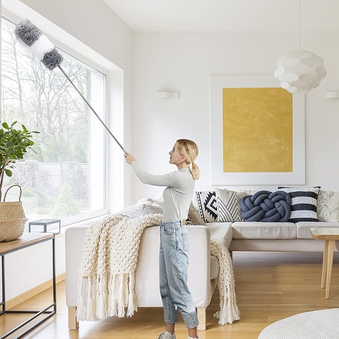 Microfiber Duster for Cleaning Fan High Ceiling Blinds Furniture Cars  9PCS Extendable Feather Duster (Stainless Steel) 30 to 100 Inches Reusable Bendable Washable