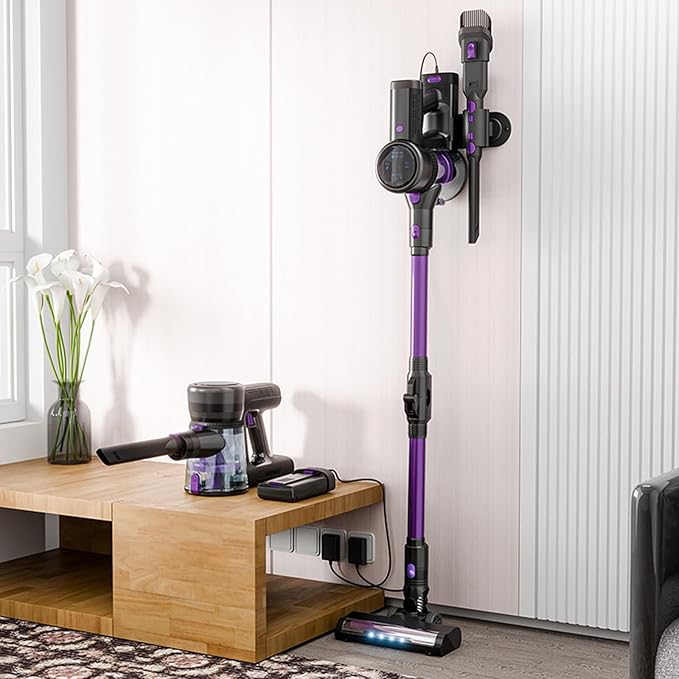 Cordless Vacuum Cleaner 250W/22Kpa Powerful Suction 39 Mins Runtime Anti-Tangle Brush and LED Display Handheld Vacuum for Hard Floors Carpet Pet Hair(Black Purple)